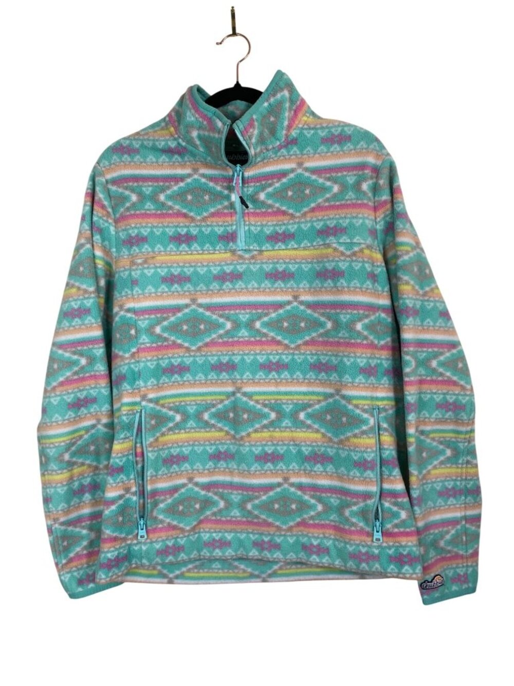 Chubbies Fleece Pullover Aztec Print Quarter Zip Jacket sz Large Turquoise Pink